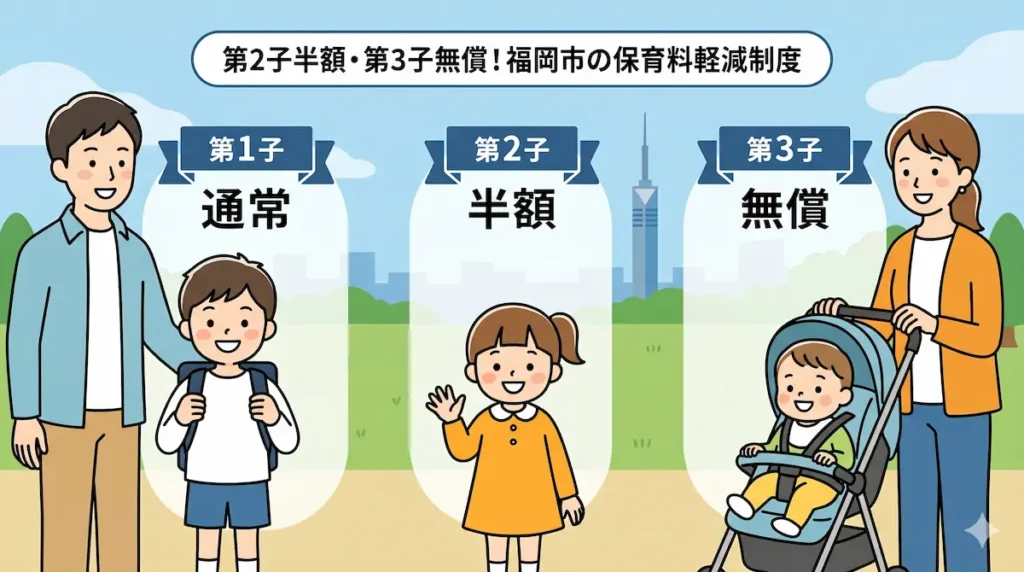 福岡市の多子世帯向け保育料軽減制度。第1子は通常、第2子は半額、第3子は無償となる負担軽減のイメージ図