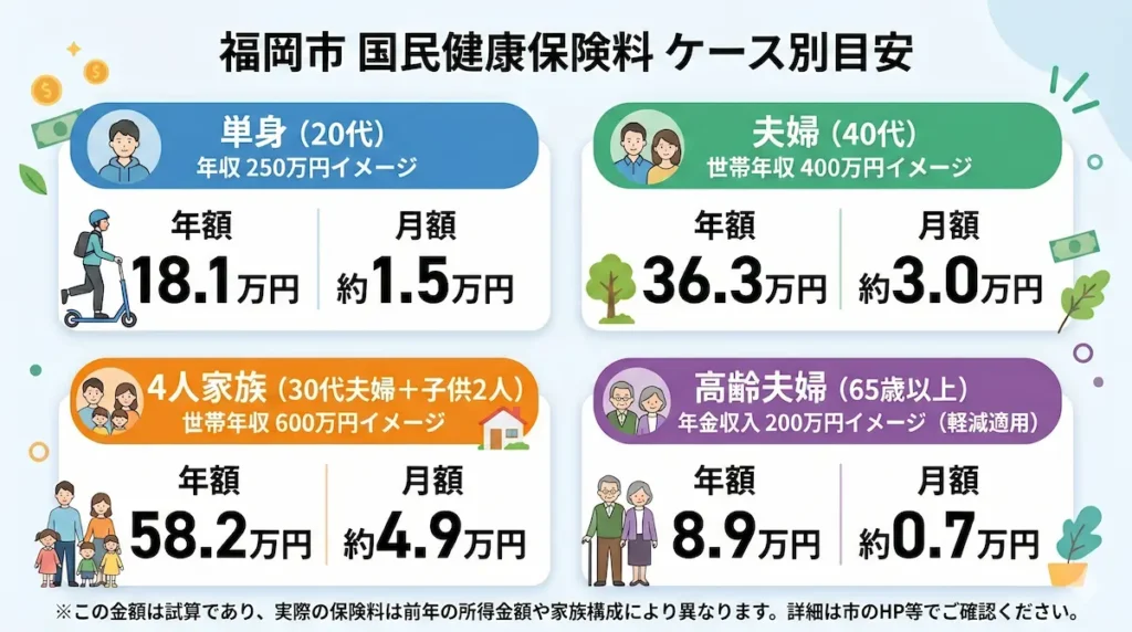 福岡市の国民健康保険料の年間・月額目安を世帯別に比較した図